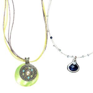 Lia Sophia Necklace Lot Of 2 - Baja Blue Pendant - Meadow Green Shell Cord‎ Boho